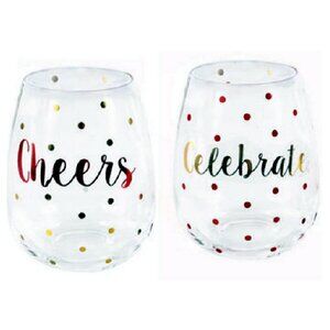 Set of Two Metallic Gold and Red Stemless Wine Glasses "Celebrate" and "Cheers"